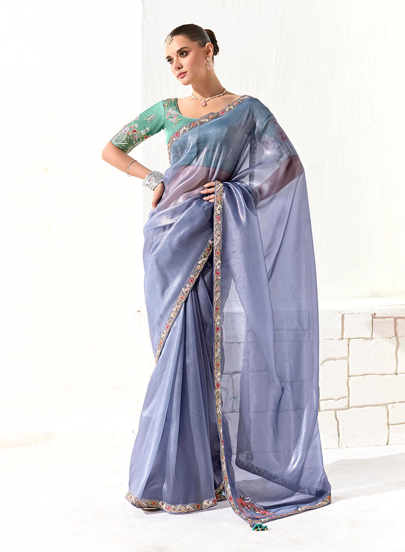 Light Lavender Tissue Silk Saree Featuring Intricate Sequins Work