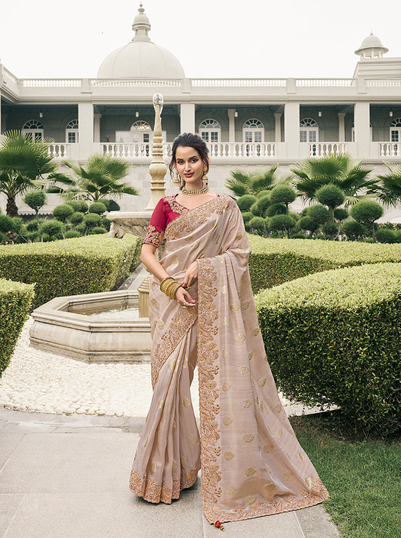 Beige Tussar Silk Embroidered Work Saree