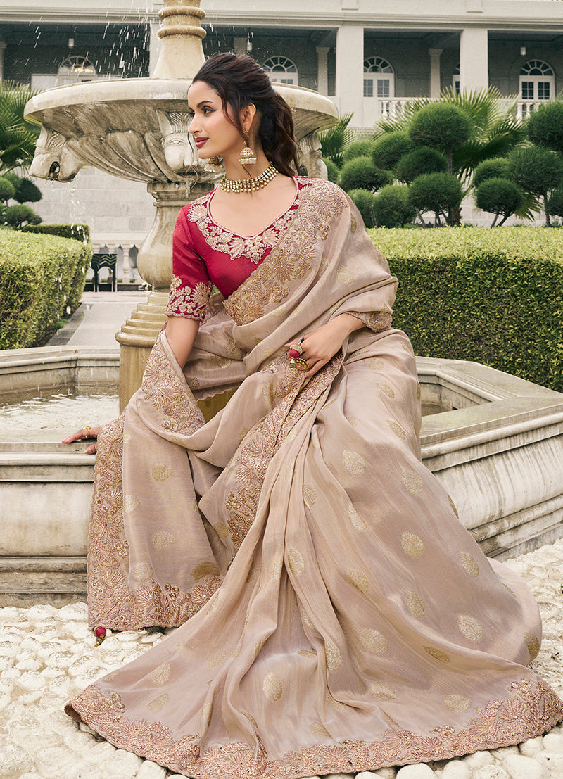 Beige Tussar Silk Embroidered Work Saree