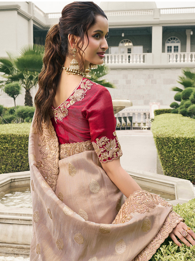 Beige Tussar Silk Embroidered Work Saree