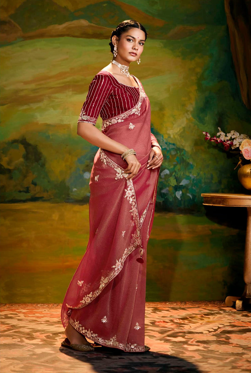Red Tissue Silk Designer Sequins Work Party Wear Saree