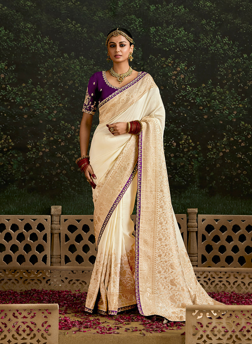 Sequins Embroidered Border Work Dola Silk Cream Festive Wear Saree