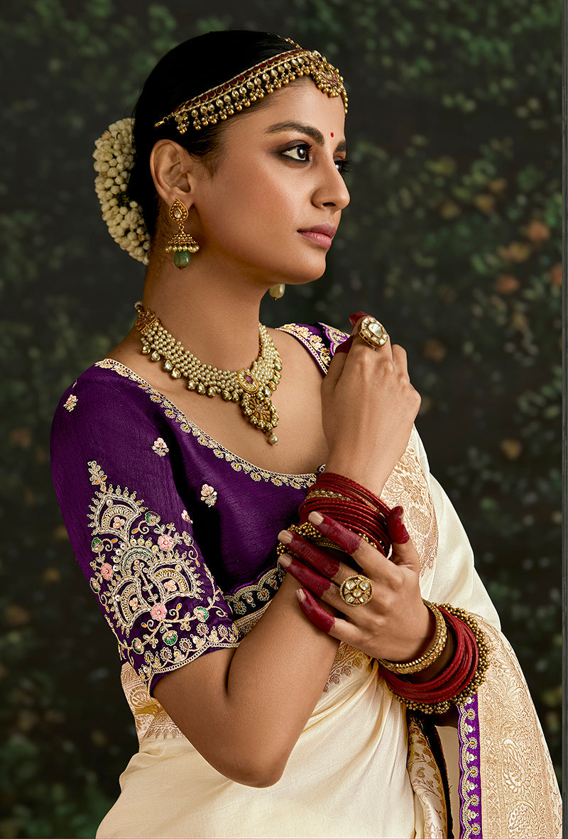 Sequins Embroidered Border Work Dola Silk Cream Festive Wear Saree