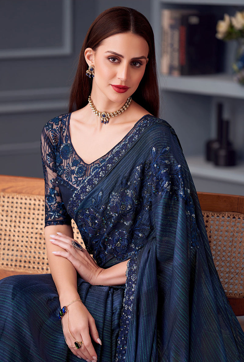 Navy Blue Silk Sequins Embroidered Work Saree