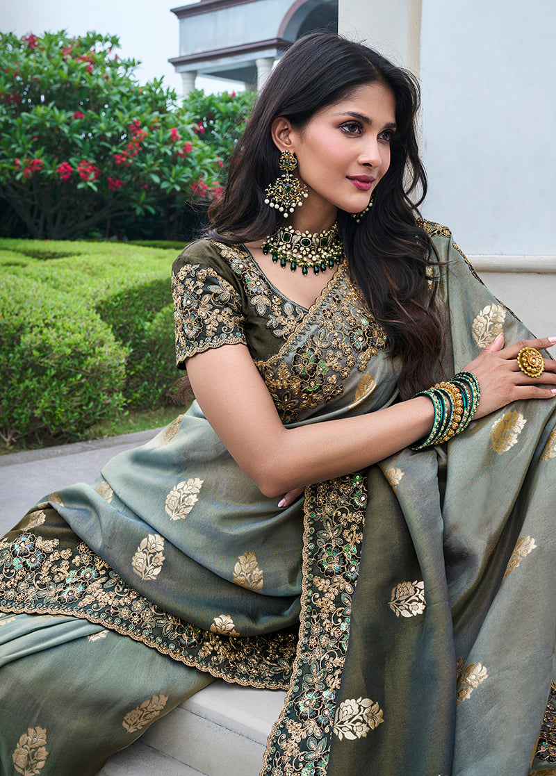 Grey Viscose Silk Zari Embroidered Saree