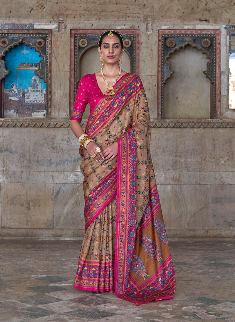 Silk Beige and Pink Woven Classic Festival Wear Saree
