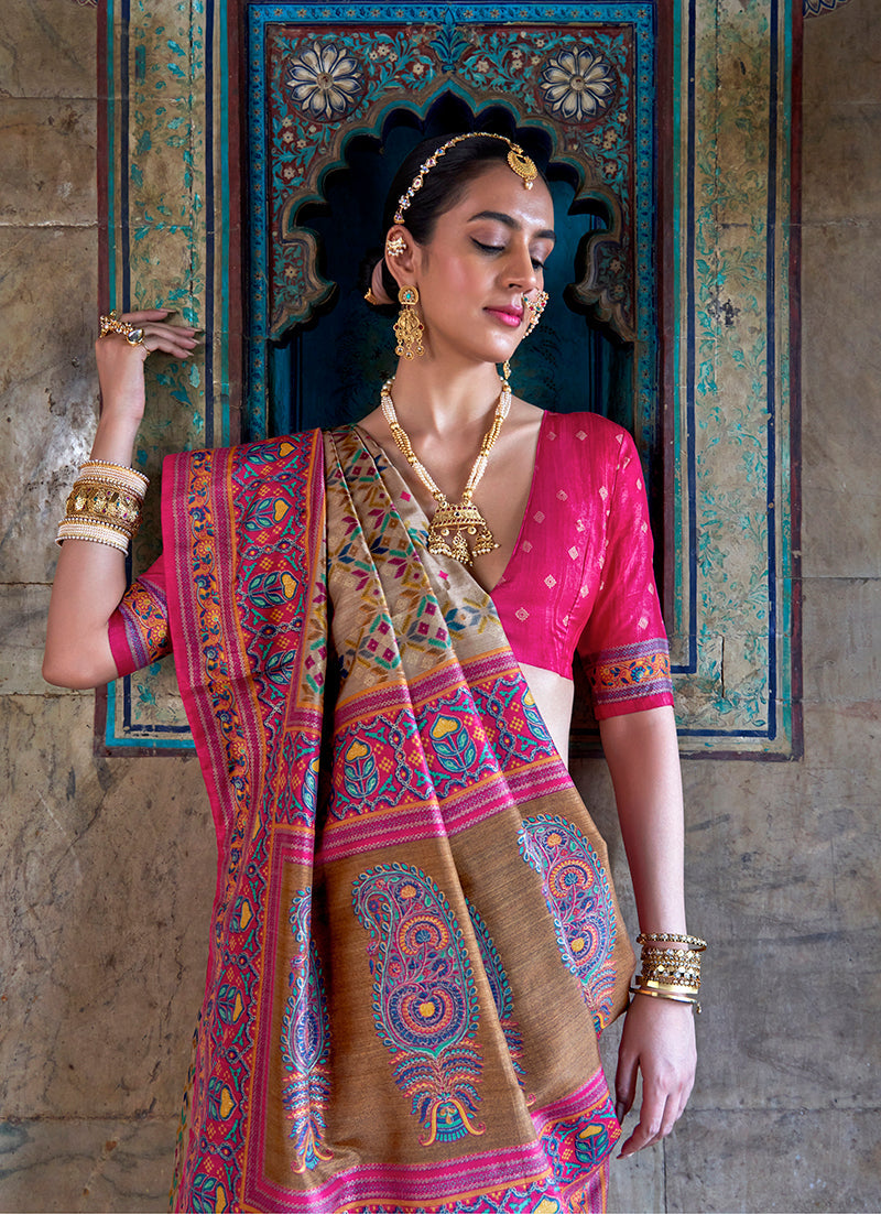 Silk Beige and Pink Woven Classic Festival Wear Saree