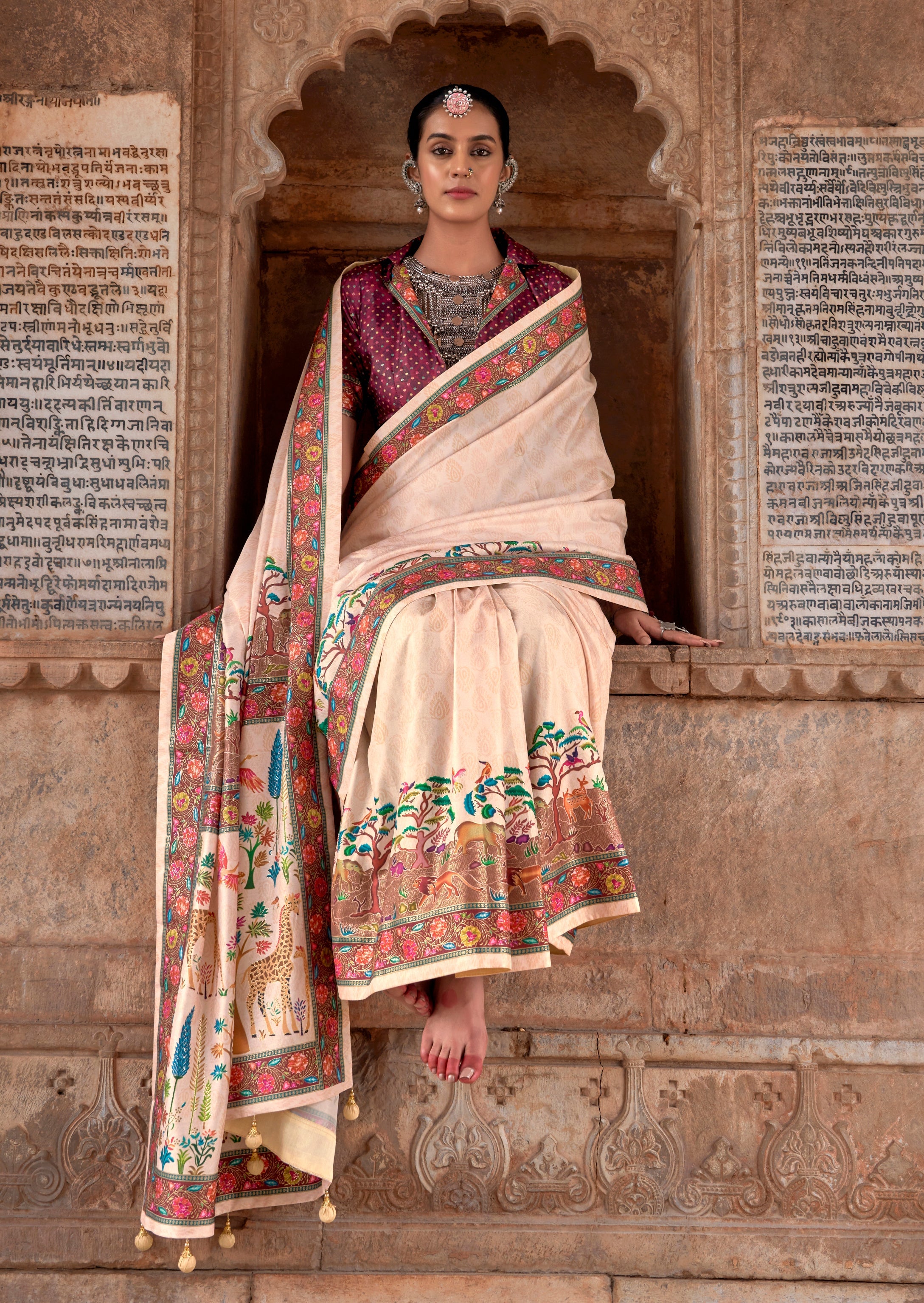 Luxury Print Silk Blend Reception Wear Saree in Cream