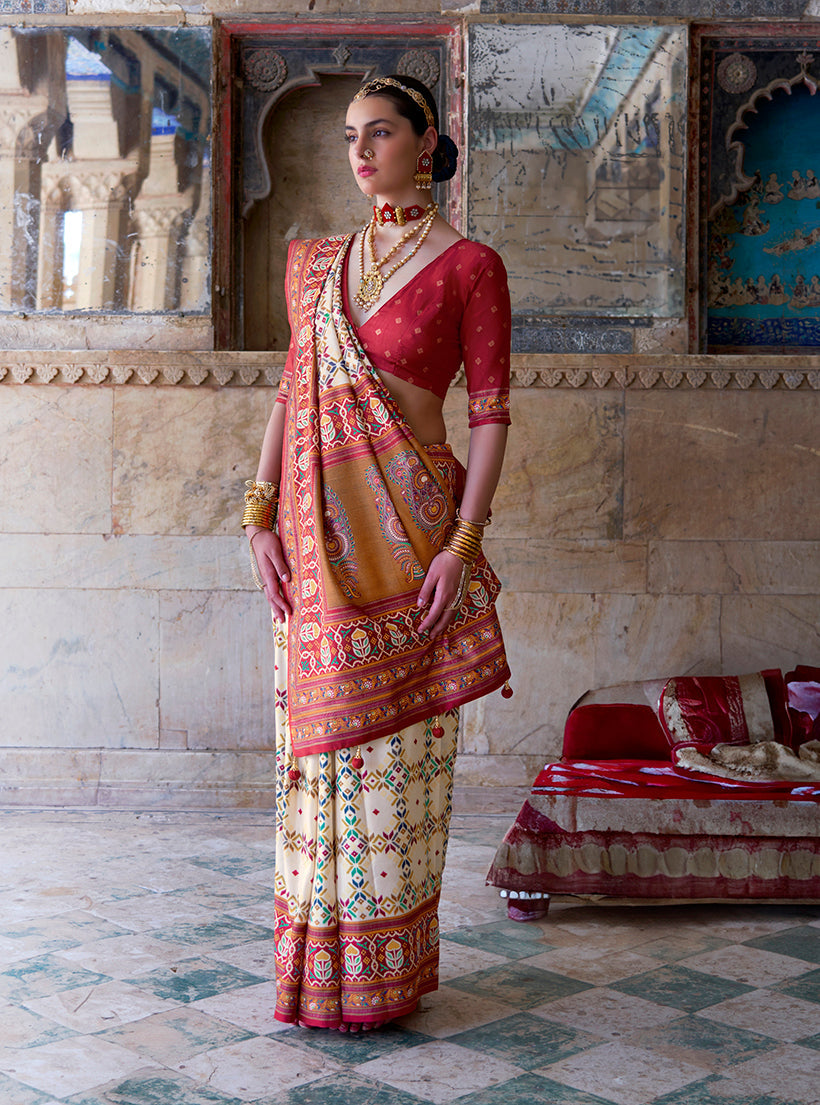 Silk Cream and Red Woven Classic Festival Wear Saree