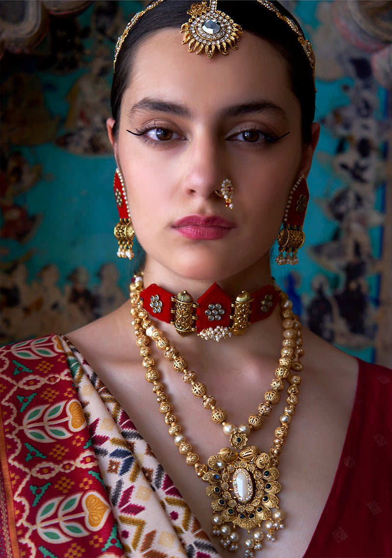 Silk Cream and Red Woven Classic Festival Wear Saree