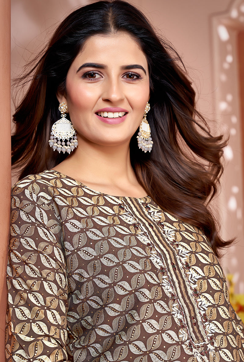 Silk Embroidered Brown Designer Offical Wear Kurti With Bottom