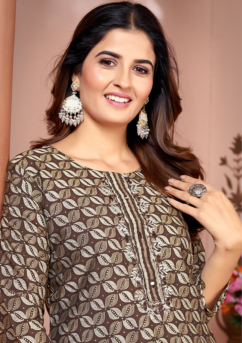 Silk Embroidered Brown Designer Offical Wear Kurti With Bottom