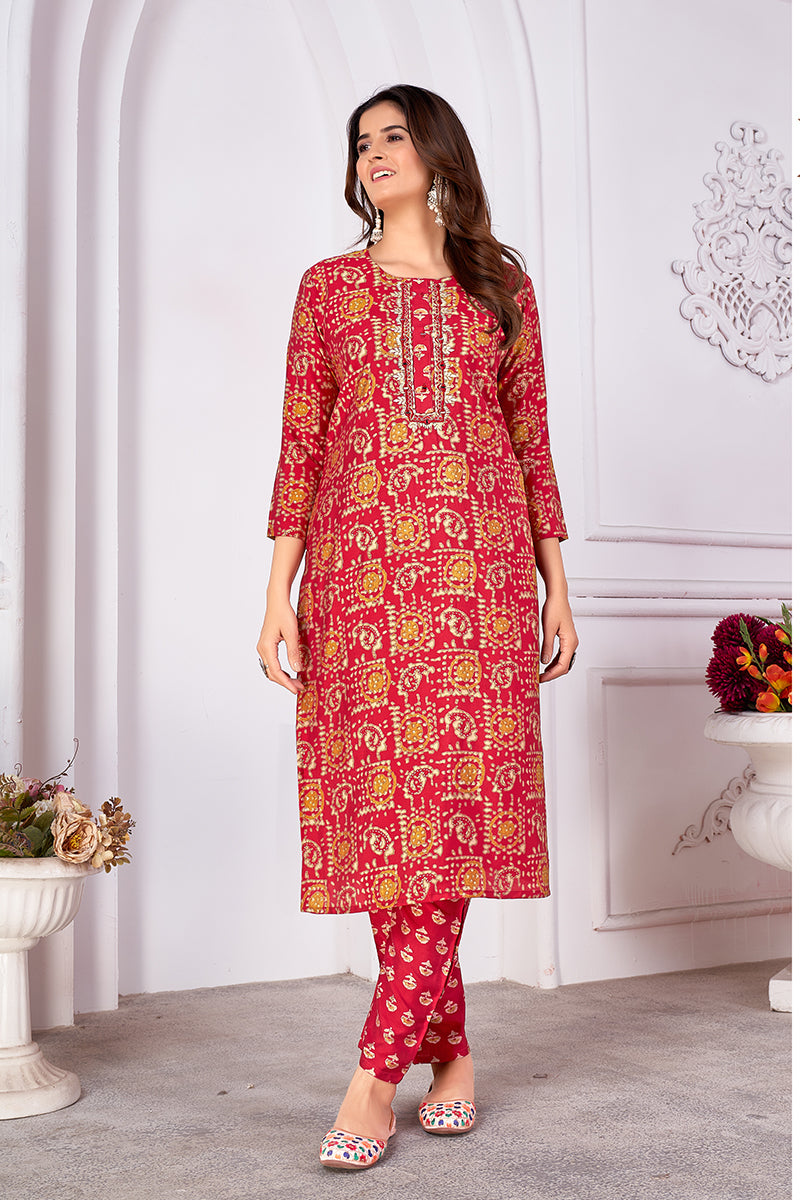 Silk Embroidered Red Designer Offical Wear Kurti With Bottom