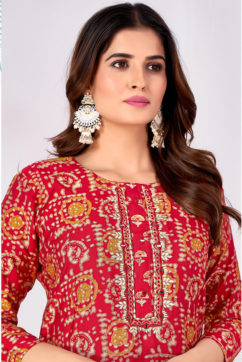 Silk Embroidered Red Designer Offical Wear Kurti With Bottom