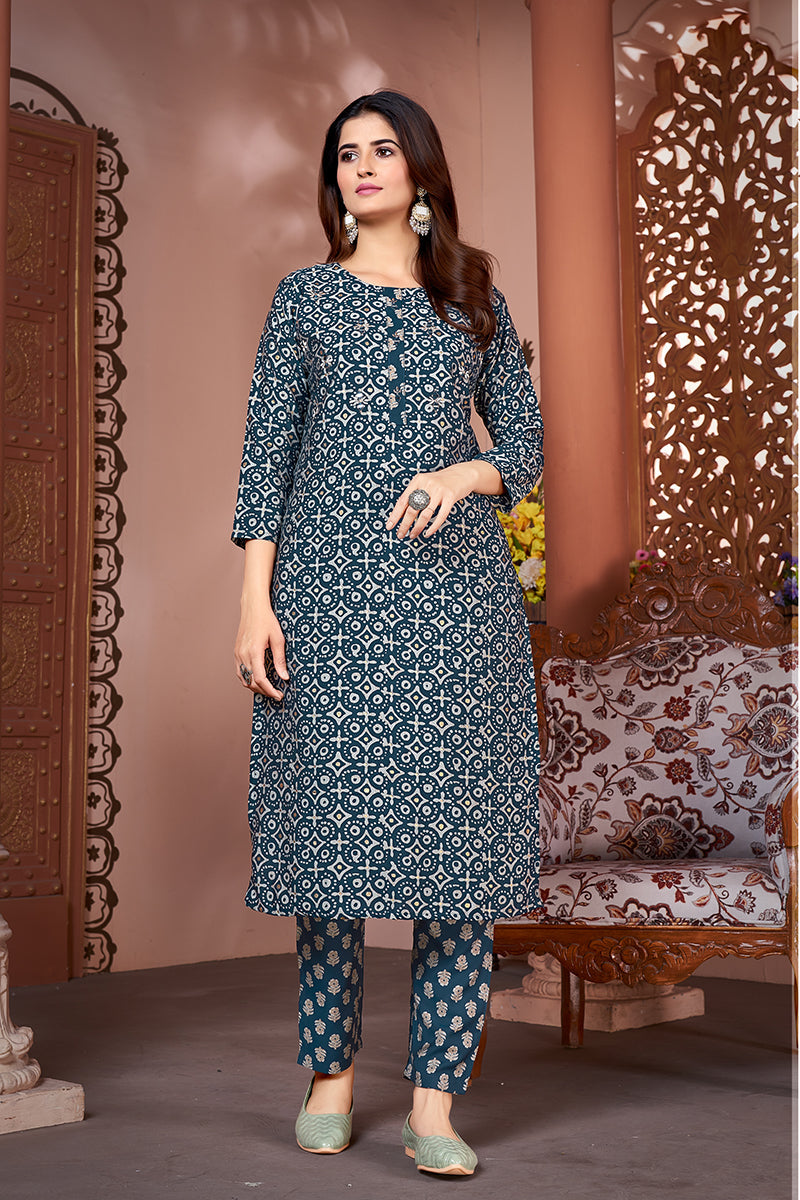 Silk Embroidered Teal Designer Offical Wear Kurti With Bottom