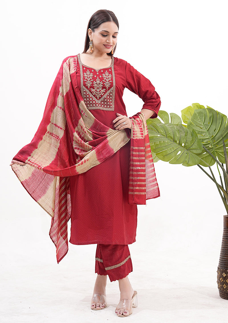 Silk Embroidered Work Maroon Latest Readymade Salwar Suit