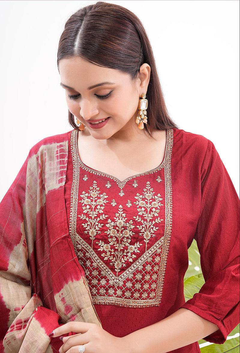 Silk Embroidered Work Maroon Latest Readymade Salwar Suit