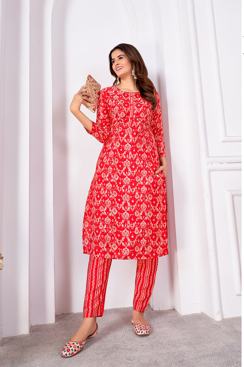 Silk Printed Red Designer Offical Wear Kurti With Bottom