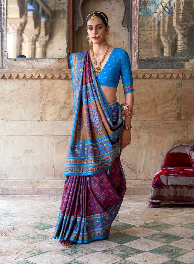 Silk Purple and blue Woven Classic Festival Wear Saree