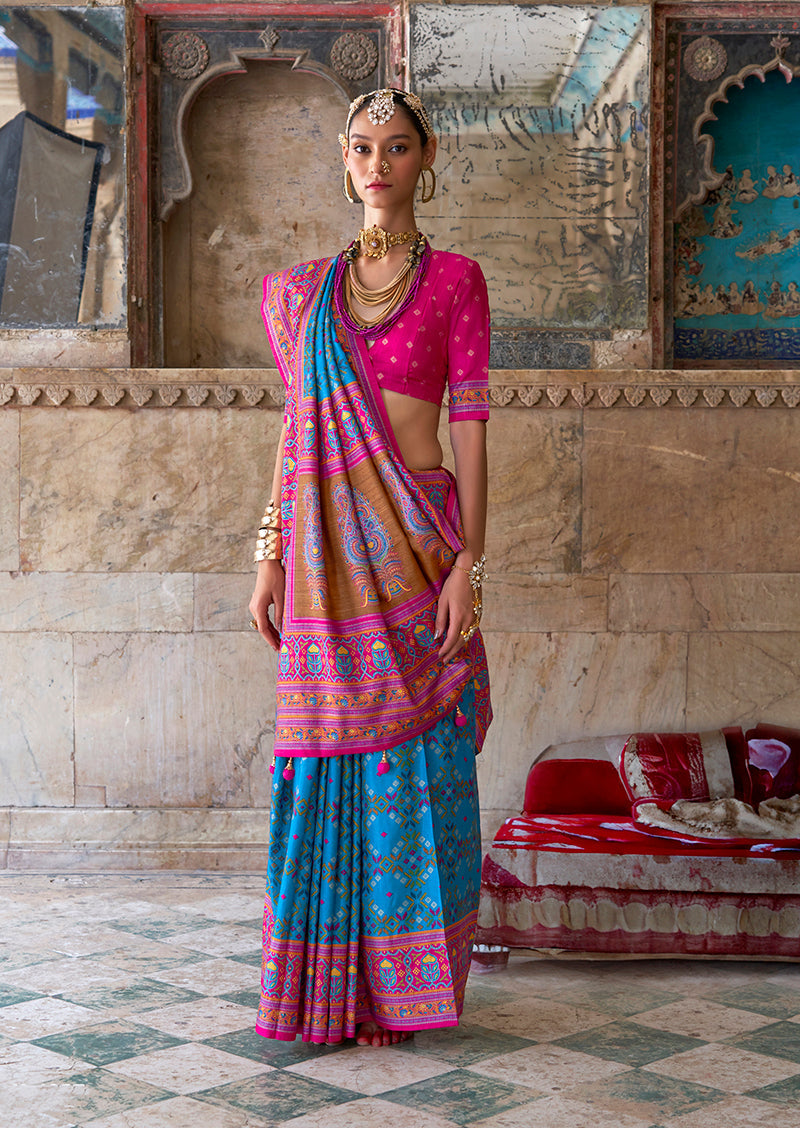 Silk Turquoise and Pink Woven Classic Festival Wear Saree