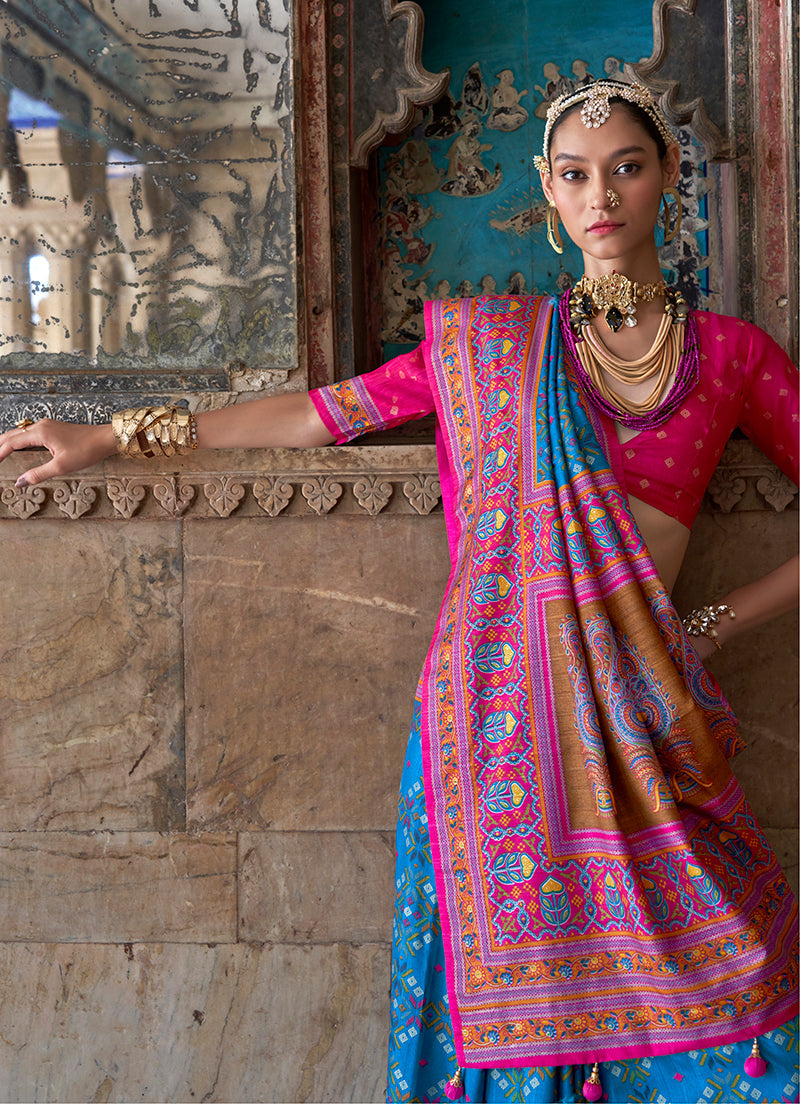 Silk Turquoise and Pink Woven Classic Festival Wear Saree