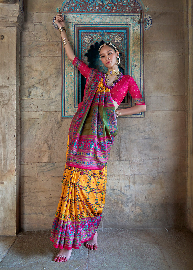 Silk Yellow and Pink Woven Classic Festival Wear Saree