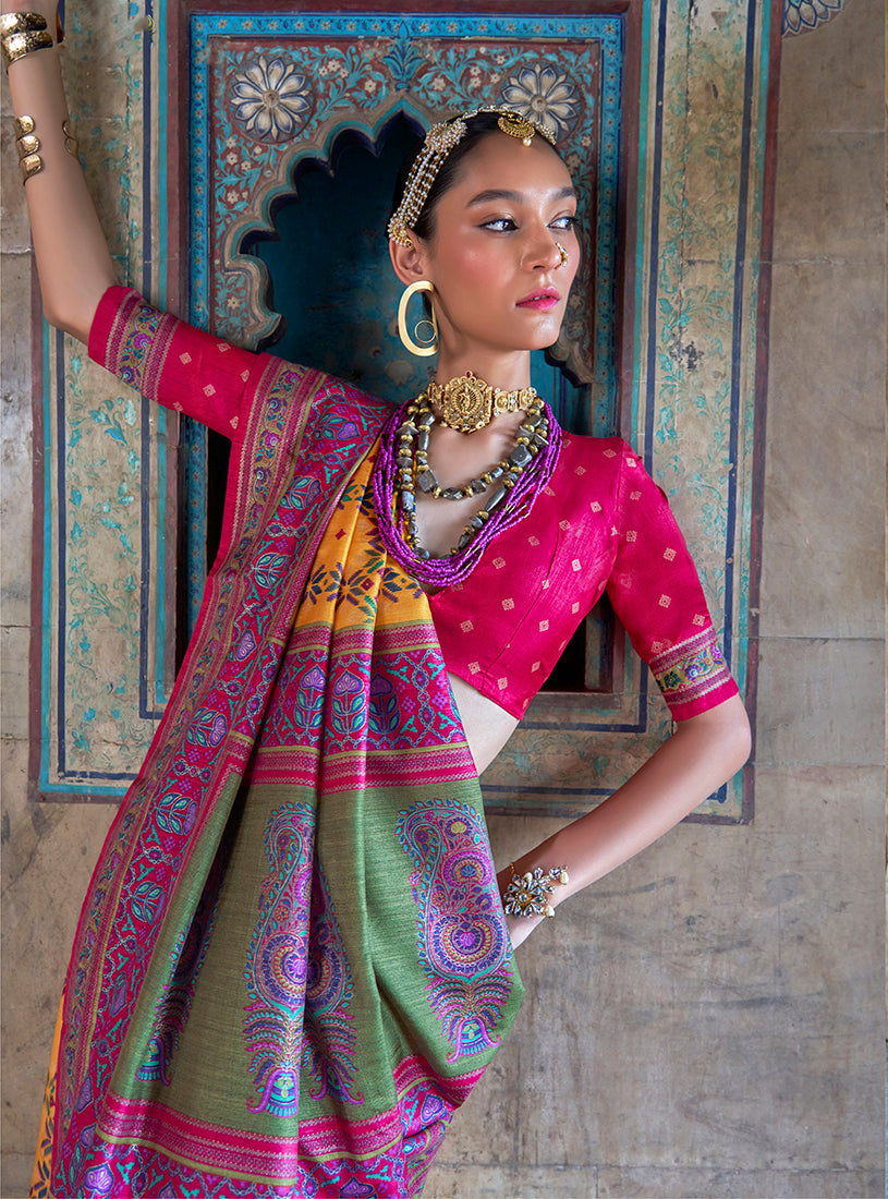 Silk Yellow and Pink Woven Classic Festival Wear Saree