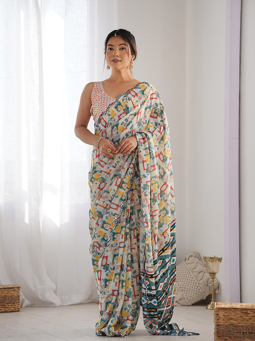 Off White Chinon Digital Print Mirror Cut Work Saree