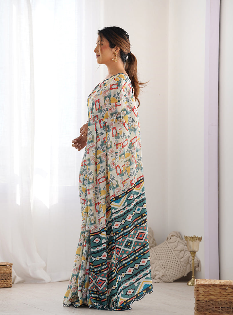 Off White Chinon Digital Print Mirror Cut Work Saree