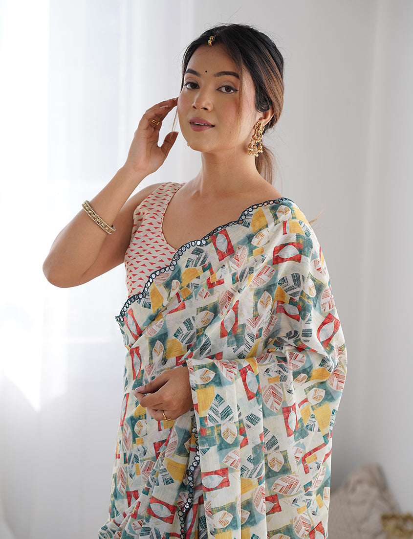 Off White Chinon Digital Print Mirror Cut Work Saree