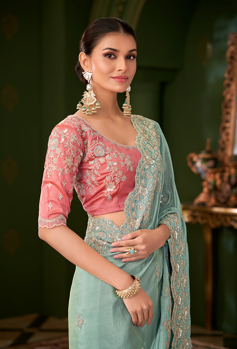 Sky blue Color Viscose Georgette silk Saree With Heavy Work Blouse