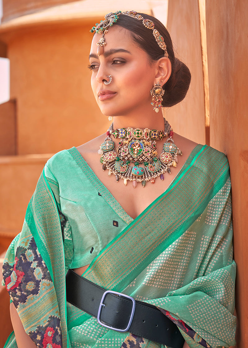 Sea Green Cotton Silk Foil Print Work Saree