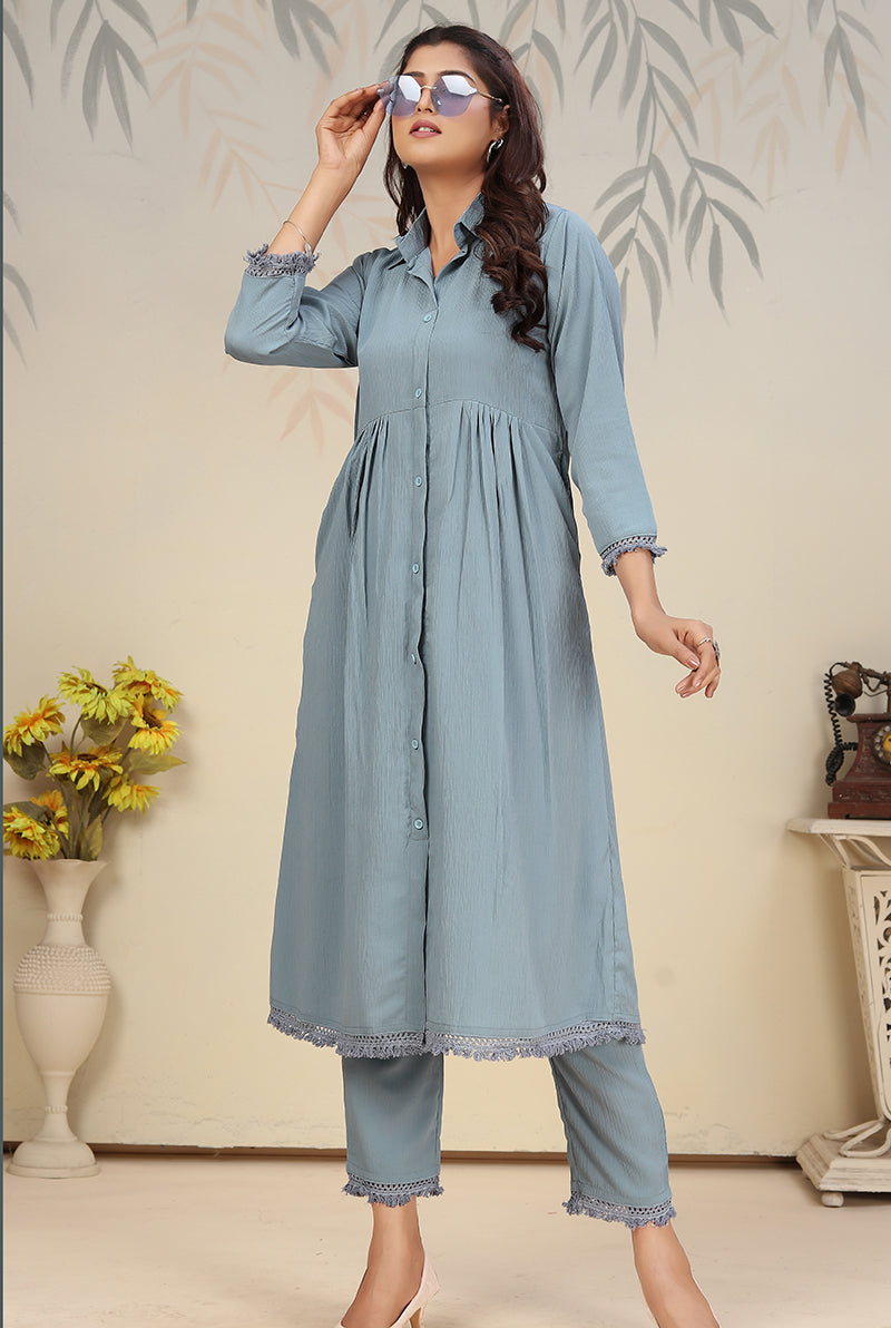 Sky blue Cotton Solid Festival Casual Readymade Co-Ord Set