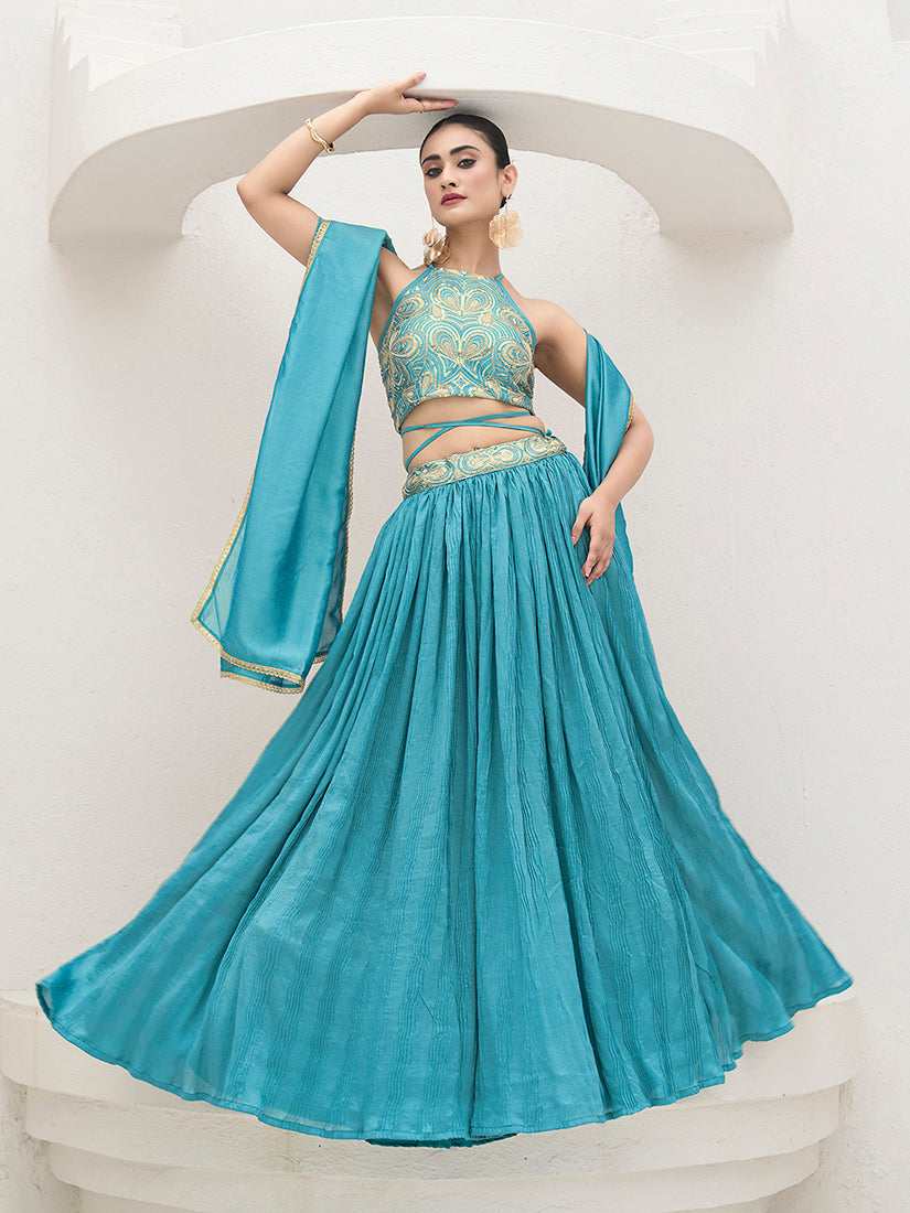 Sky blue Festive Look with Silk Crush Lehenga Choli