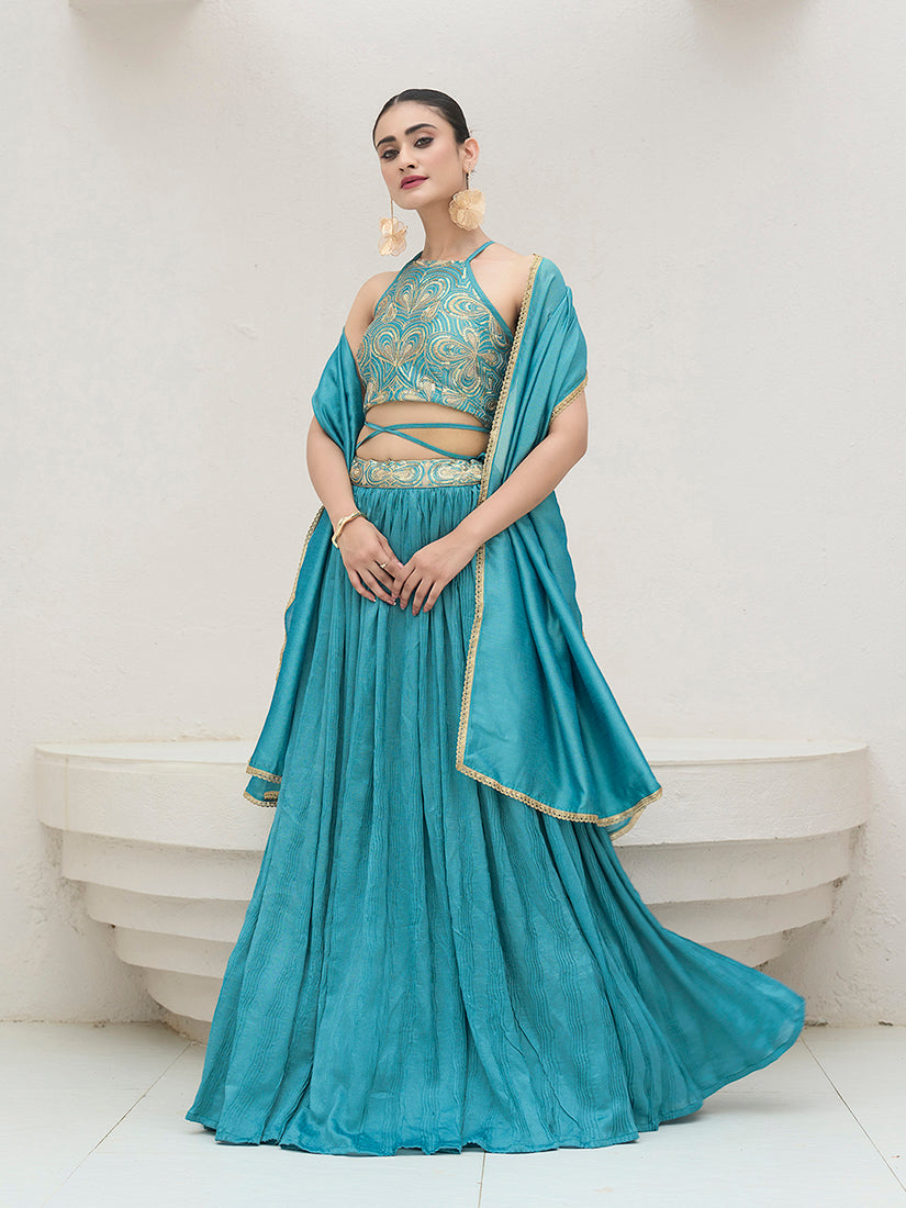 Sky blue Festive Look with Silk Crush Lehenga Choli