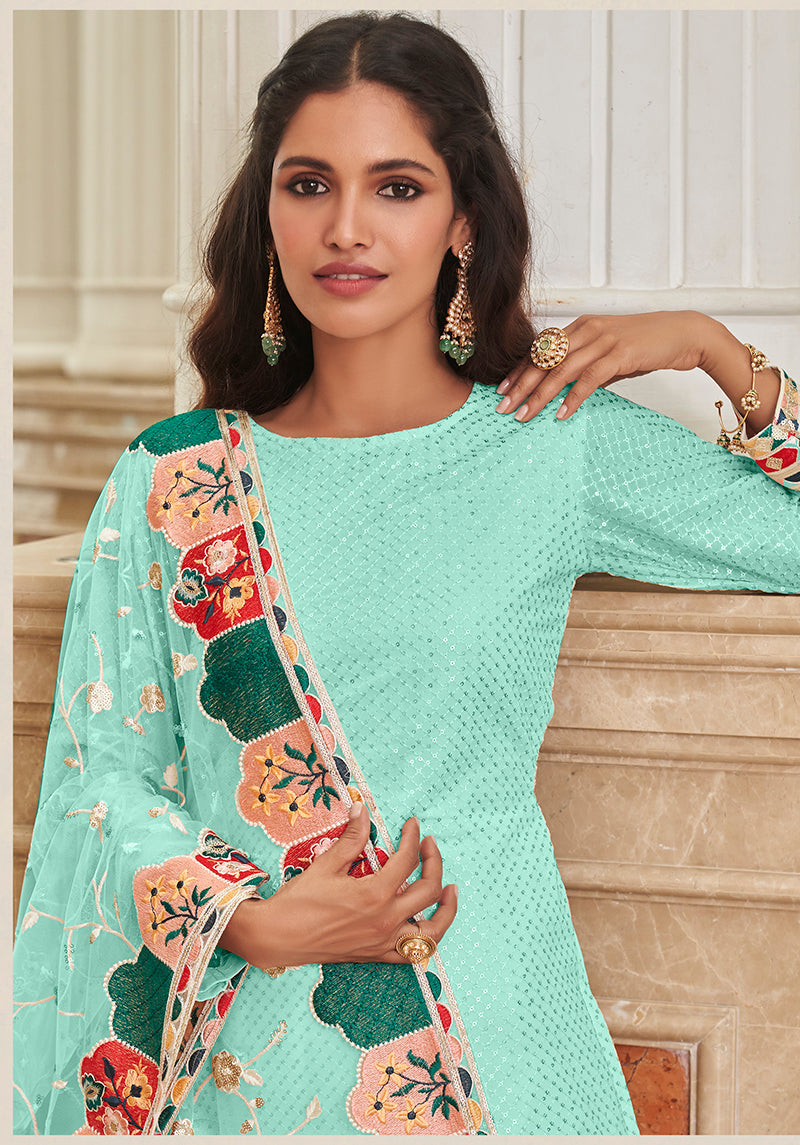 Sky blue Georgette Embroidered Churidar Salwar Suit