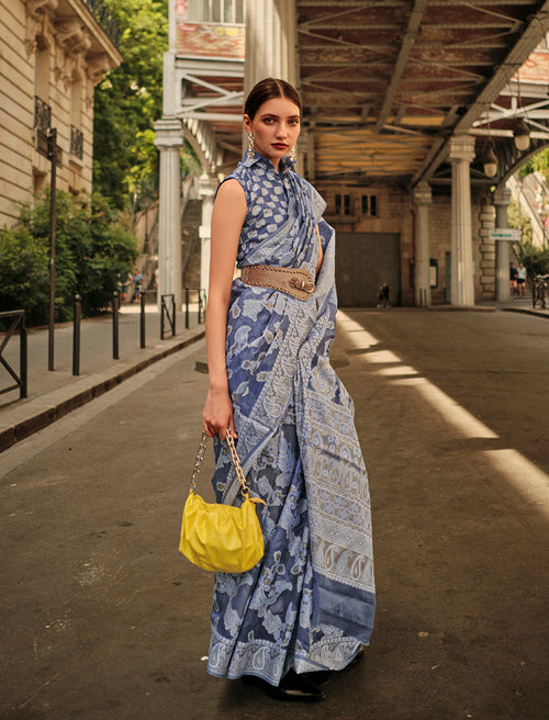 Aegean blue Lucknowi Organza Woven Silk Contemporary Saree