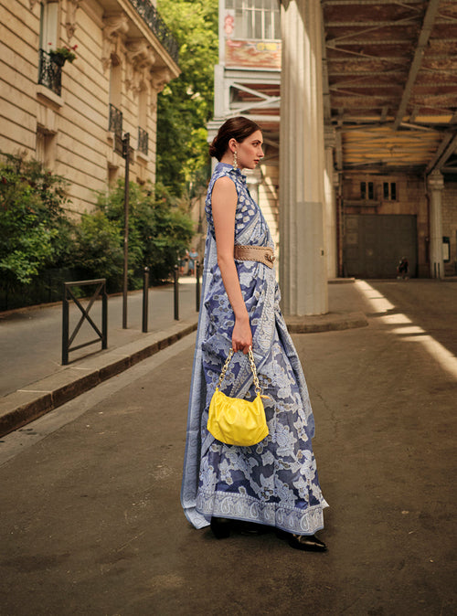 Aegean blue Lucknowi Organza Woven Silk Contemporary Saree