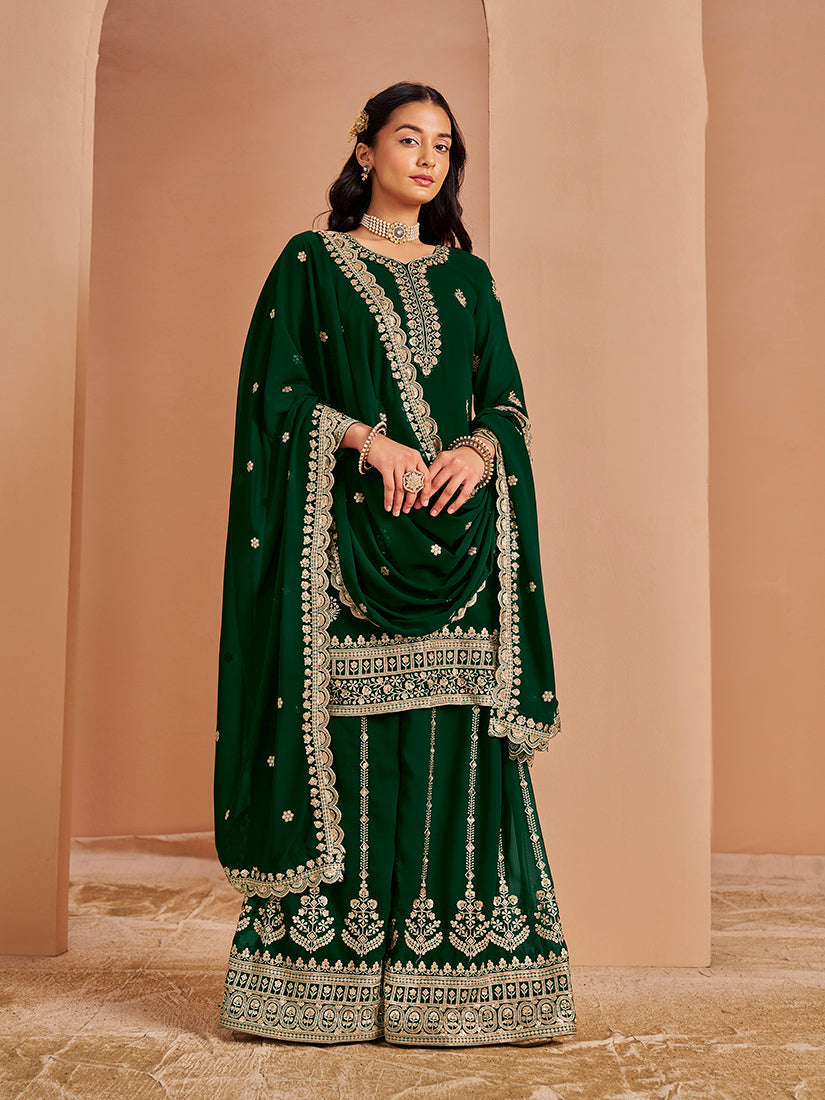 Dark Green Faux Georgette Embroidered Palazzo Dupatta Set