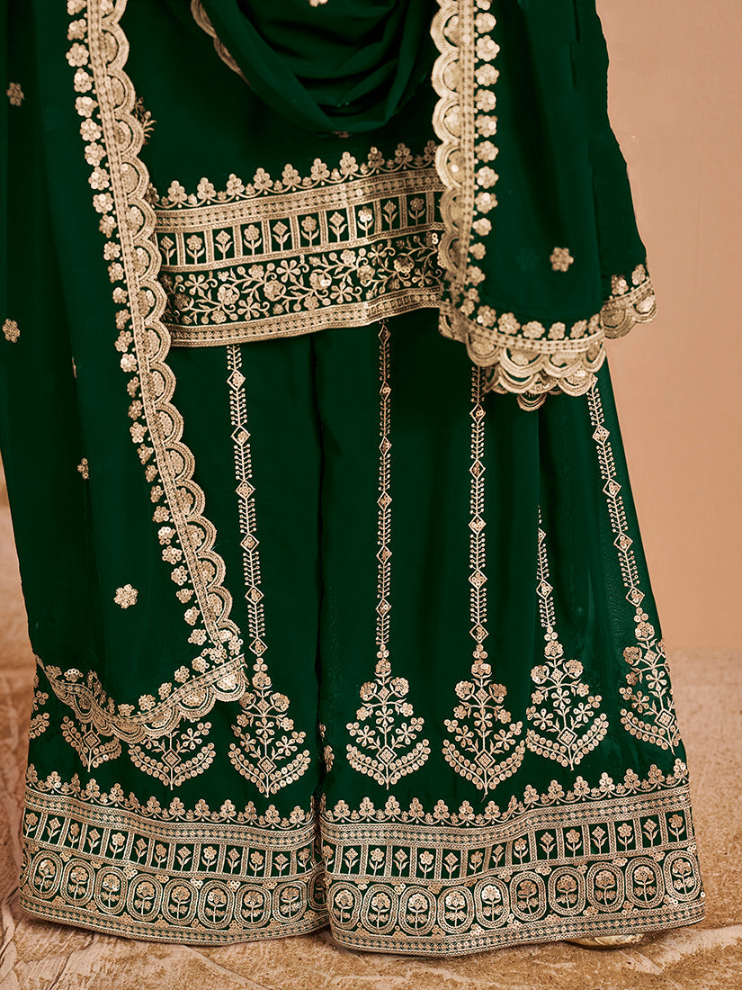 Dark Green Faux Georgette Embroidered Palazzo Dupatta Set