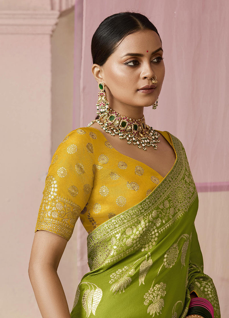 Olive Green Traditional Zari Woven Dola Viscose Silk Saree