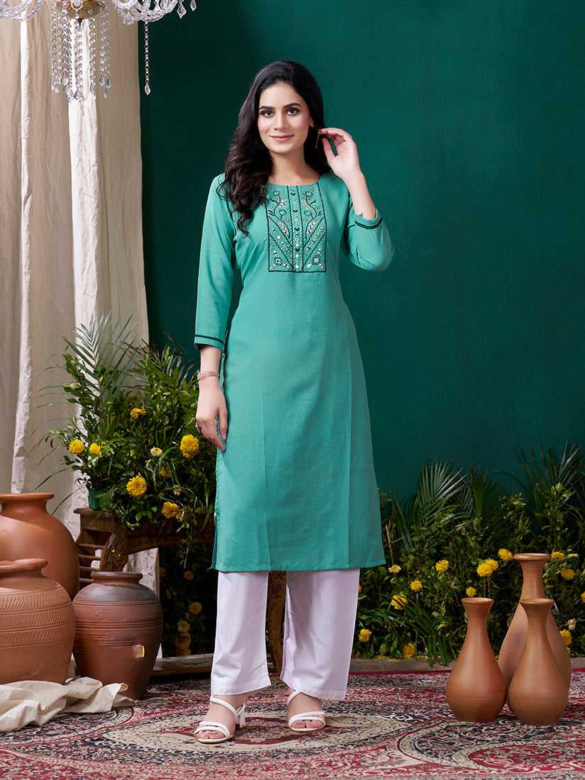 Sky blue Maaza Cotton Handwork with Pocket Causal Kurti