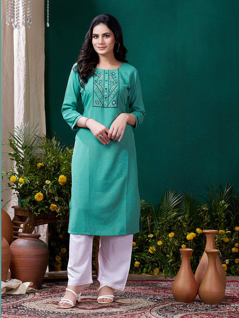 Sky blue Maaza Cotton Handwork with Pocket Causal Kurti