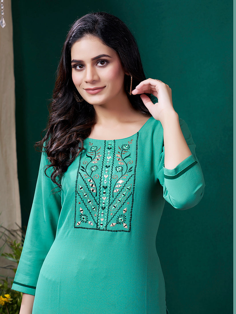 Sky blue Maaza Cotton Handwork with Pocket Causal Kurti