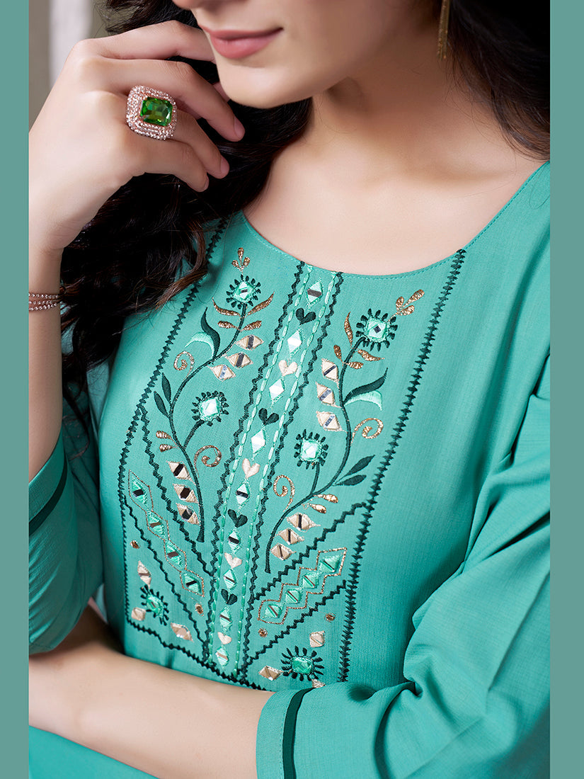Sky blue Maaza Cotton Handwork with Pocket Causal Kurti