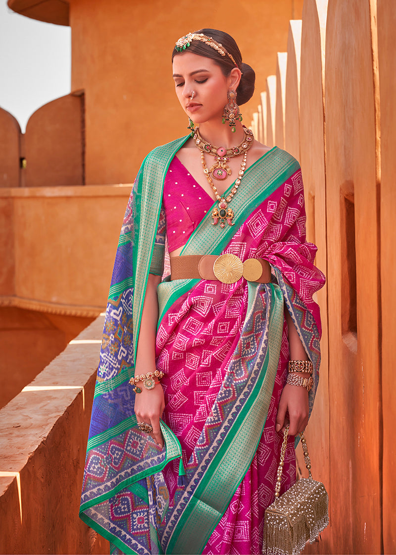 Magenta Cotton Silk Foil Print Work Saree