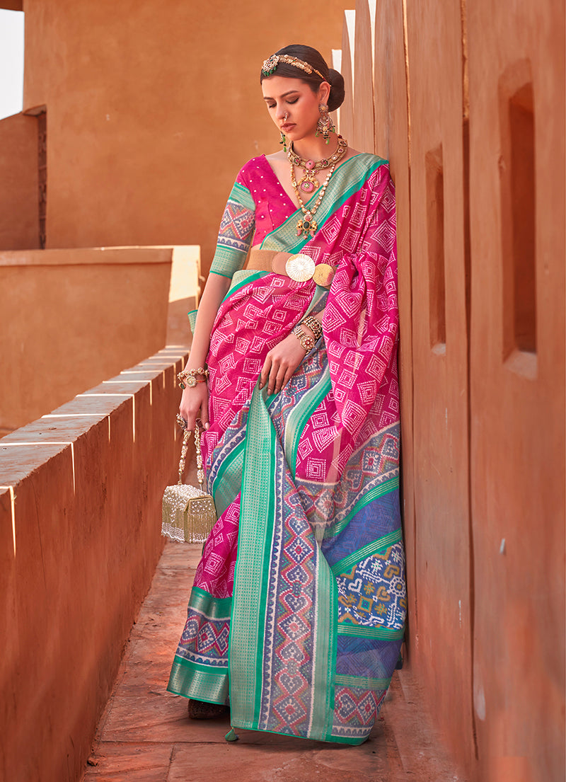 Magenta Cotton Silk Foil Print Work Saree