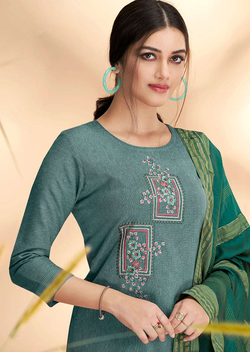 Slate Grey Massert Cotton Embroidered Festival Wear Salwar Suit