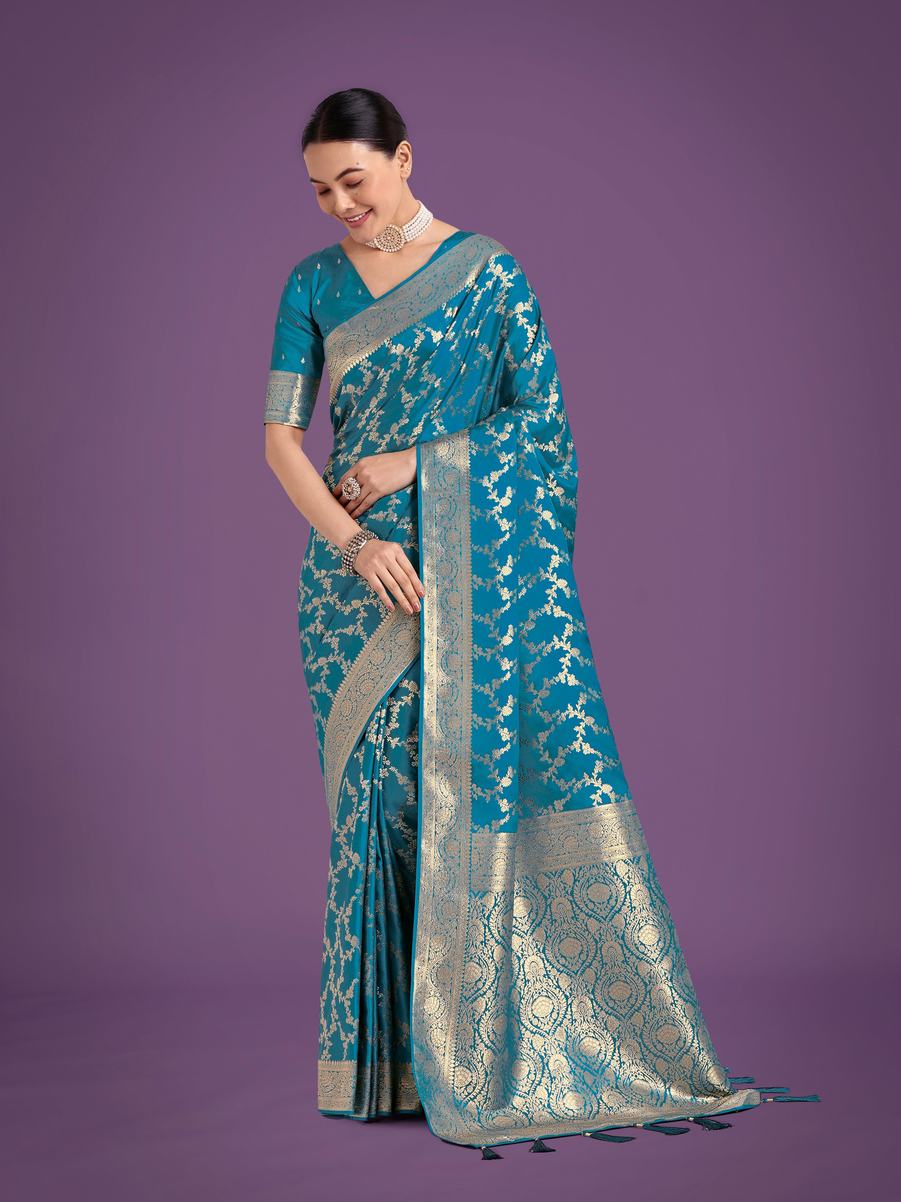Stunning Cyan blue Banarasi Satin Silk Golden Meenakari Work Saree