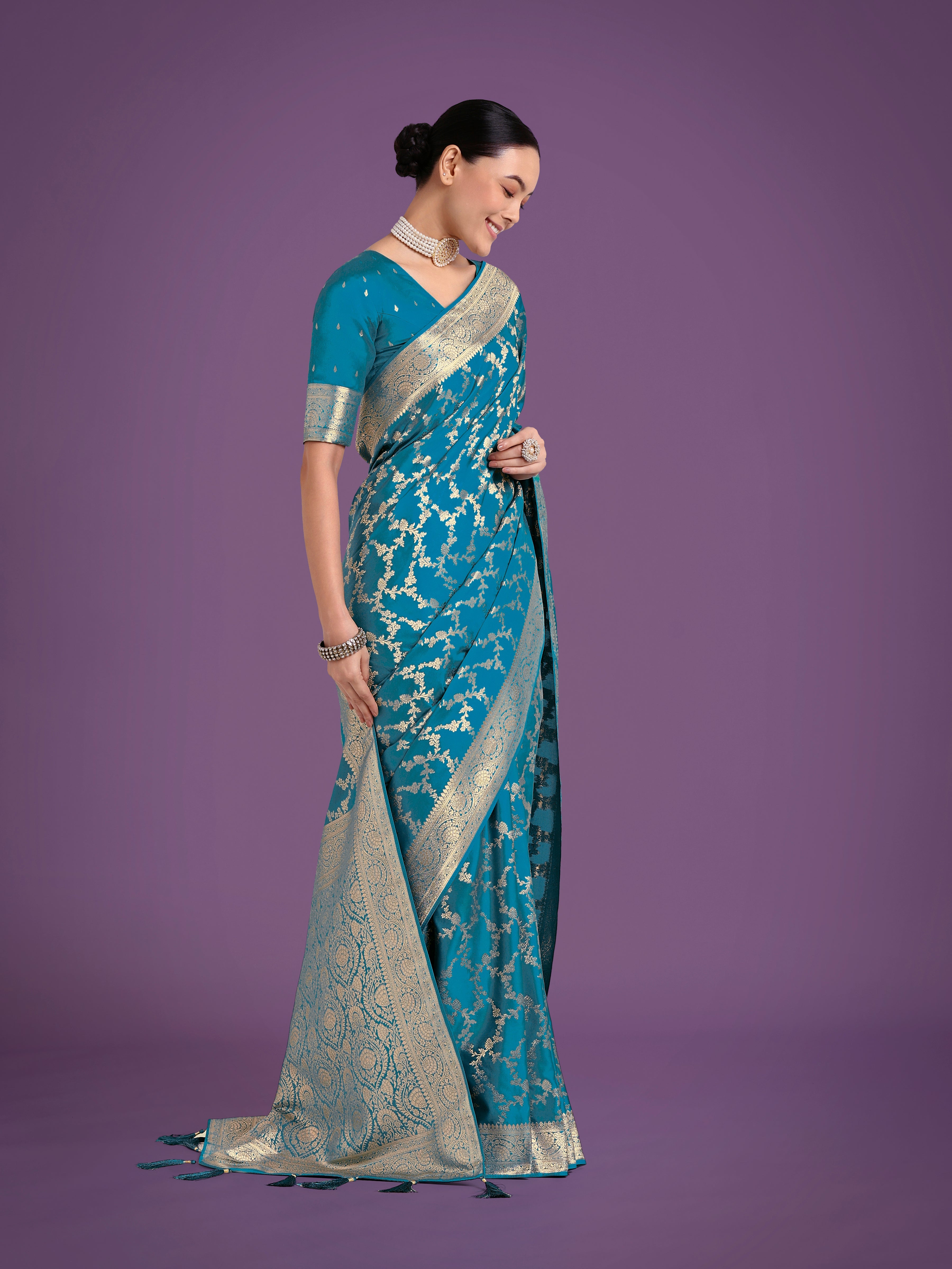 Stunning Cyan blue Banarasi Satin Silk Golden Meenakari Work Saree
